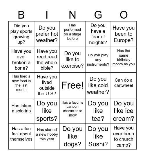 24 Questions Bingo Card