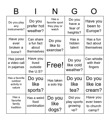 24 Questions Bingo Card