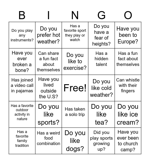 24 Questions Bingo Card