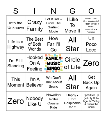 Family Music Bingo Card