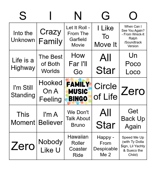 Family Music Bingo Card