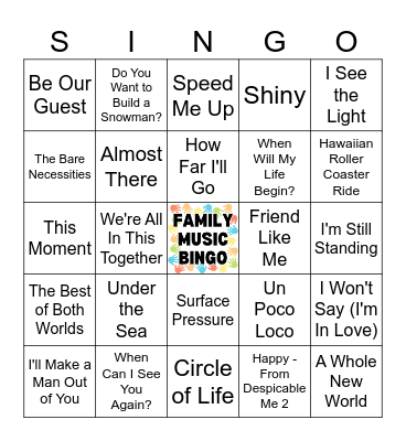 Family Music Bingo - Bingo Card