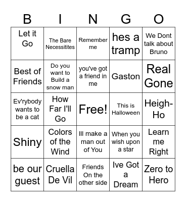 Animated Disney Bingo Card
