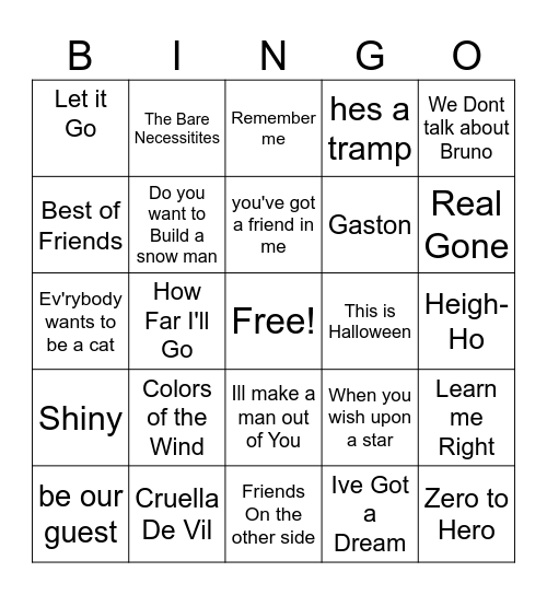 Animated Disney Bingo Card
