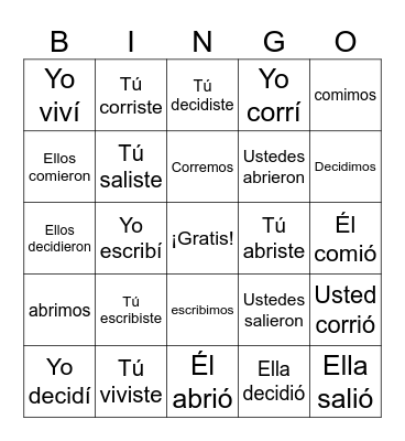 Spanish Verbs Bingo Card