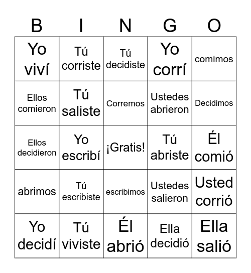 Spanish Verbs Bingo Card