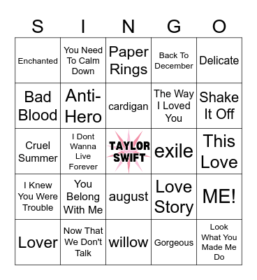 Taylor Swift Songs Bingo Card