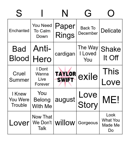 Taylor Swift Songs Bingo Card