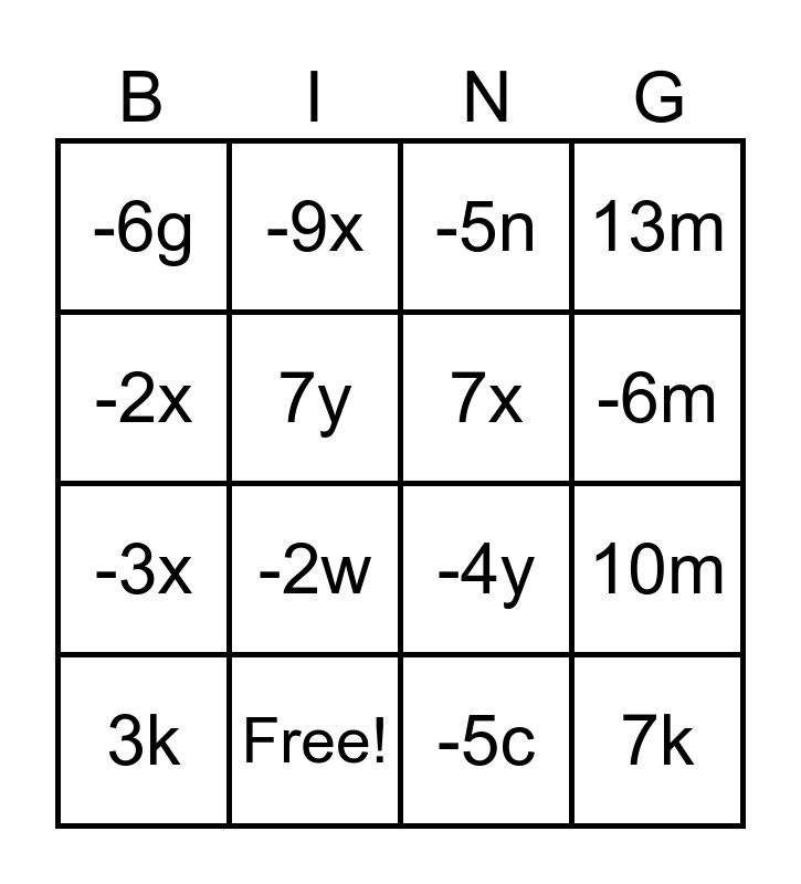 Combine like terms bingo bingo card