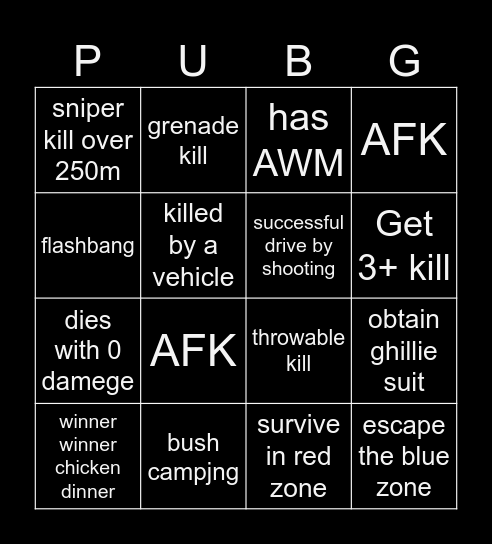 PUBG Bingo Card