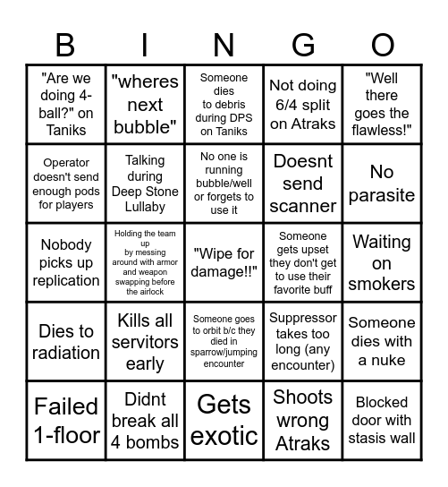 Deep Stone Crypt bingo card Bingo Card