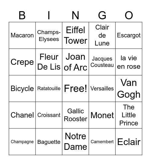 French Bingo Card