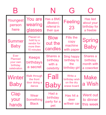 Bianca's Birthday Bingo Card
