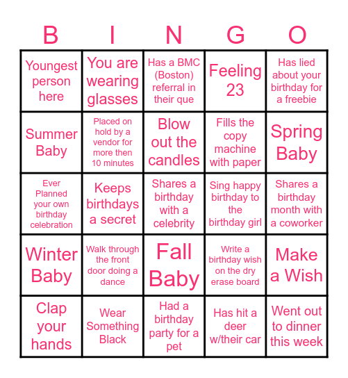 Bianca's Birthday Bingo Card