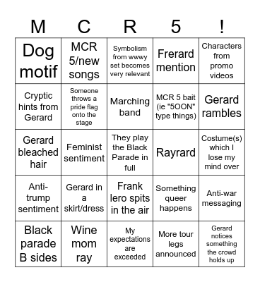 My Chemical Romance 2025 North American Tour Bingo Card