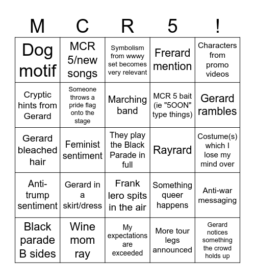 My Chemical Romance 2025 North American Tour Bingo Card