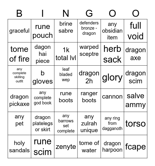 Runescape bingo Card