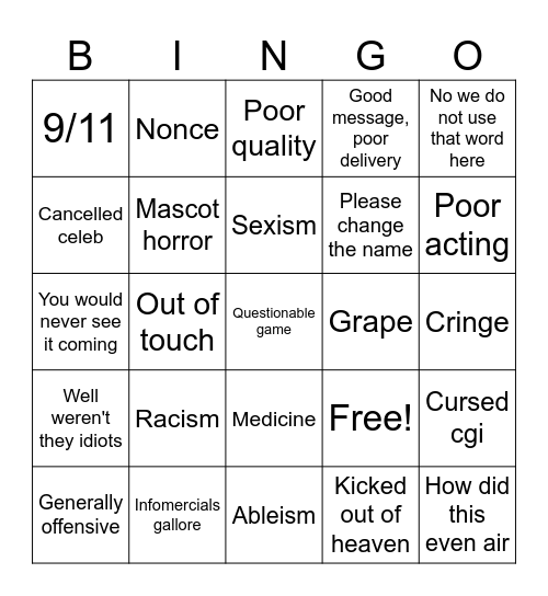 Poorly aged commercials Bingo Card