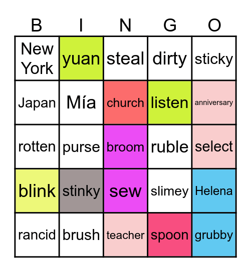 NOUNS, VERBS, AND ADJECTIVES Bingo Card