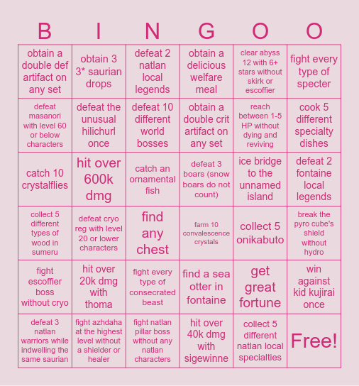 genshin bingo Card