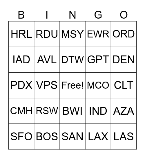 Destination Bingo Card