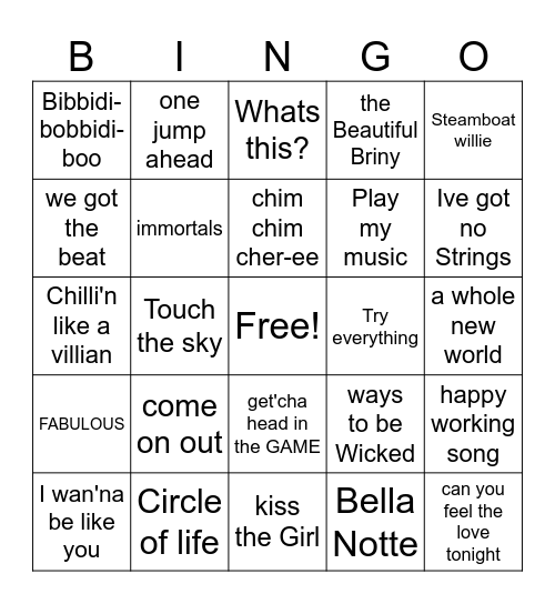 Disney Speed Bingo Card