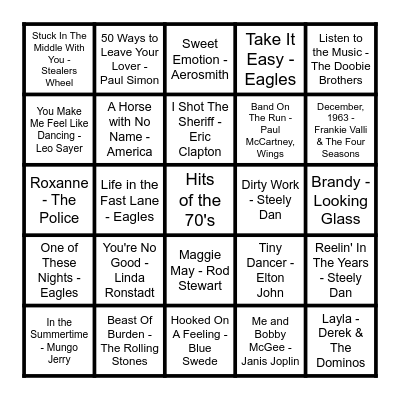 Rock and Roll Bingo @ Duke's Indy Bingo Card