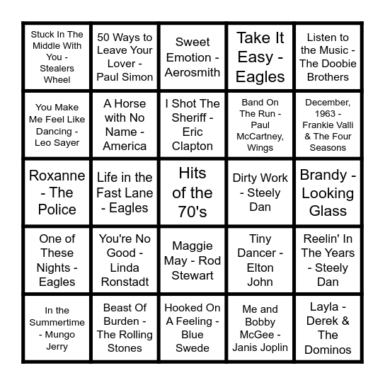 Rock and Roll Bingo @ Duke's Indy Bingo Card