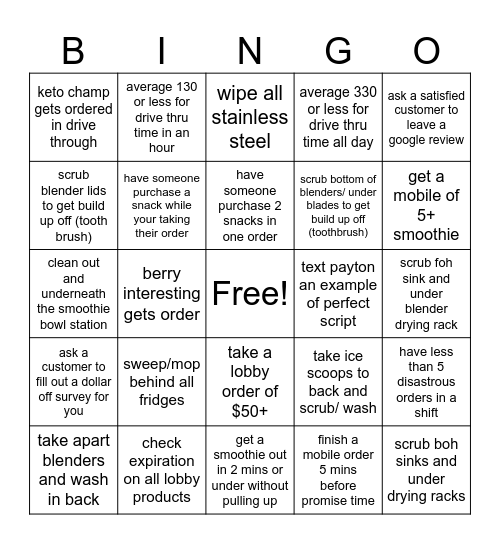 smoothie bingo Card
