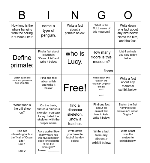 Museum of Natural History Bingo Card