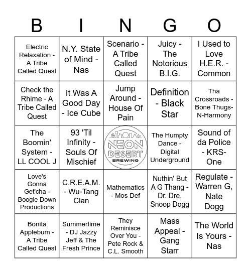 90's Hip Hop Music Bingo Card