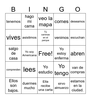 Spanish Verbs Bingo Card