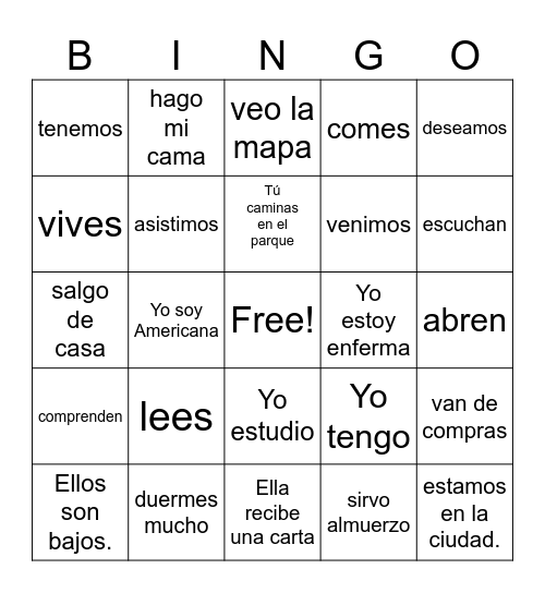 Spanish Verbs Bingo Card