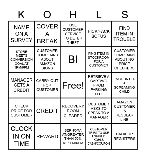 KOHLS BINGO Card