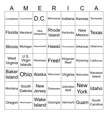 States & Territories in the United States Bingo Card