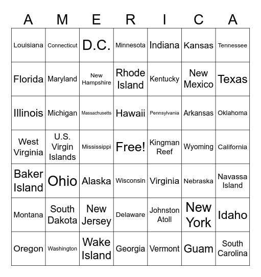 States & Territories in the United States Bingo Card