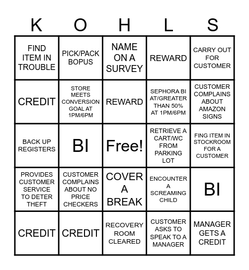 KOHLS BINGO Card