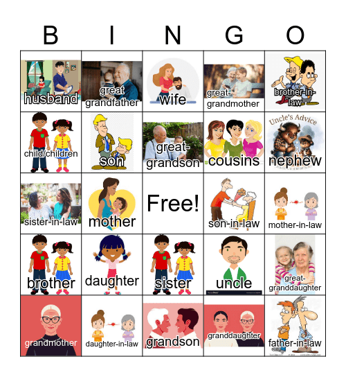 Family Members (words and images) Bingo Card