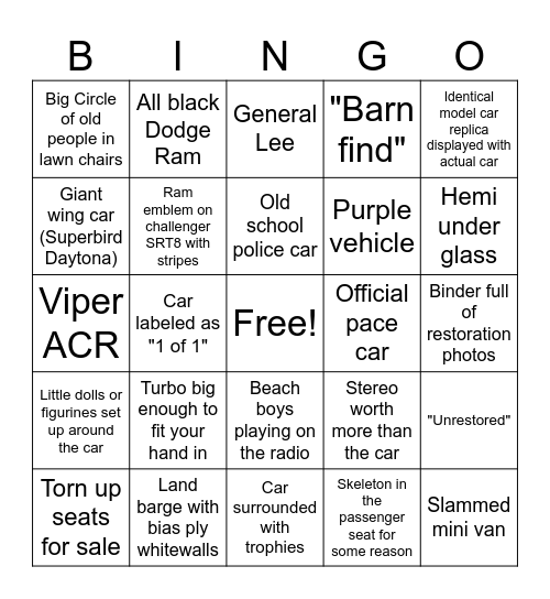 Carlisle Car Cruise Bingo Card