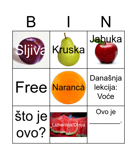 Croatian Fruit - Voće (5 terms) Bingo Card