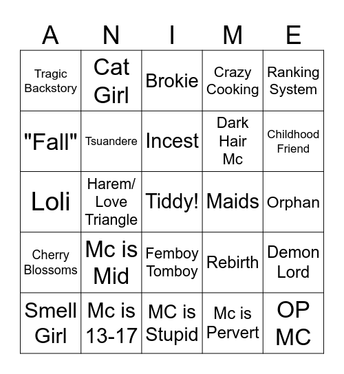 Anime Bingo Card
