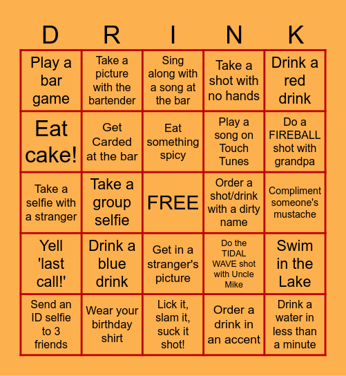 Ben's 21st Birthday Bingo Card