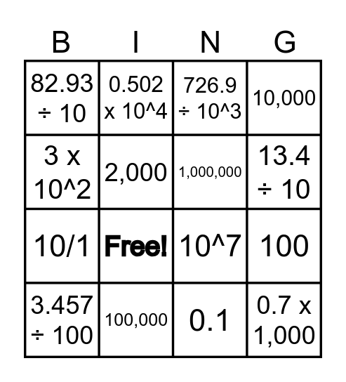 Powers of Ten Bingo Card
