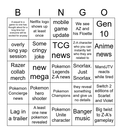 Pokemon Presents bingo Card