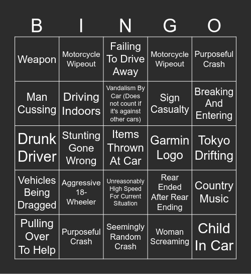 Idiots In Cars Bingo Card