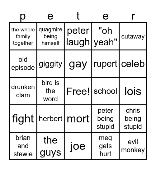 peter griffin Bingo Card