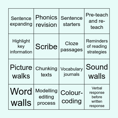 Reading and Writing Supports Bingo Card