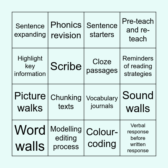 Reading and Writing Supports Bingo Card