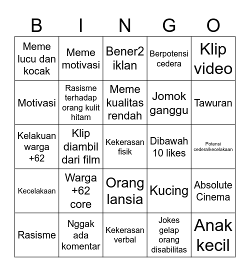 Instagram Reels Bingo Indonesian ver. Bingo Card