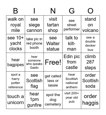 Day 1-2: Edinburgh Bingo Card